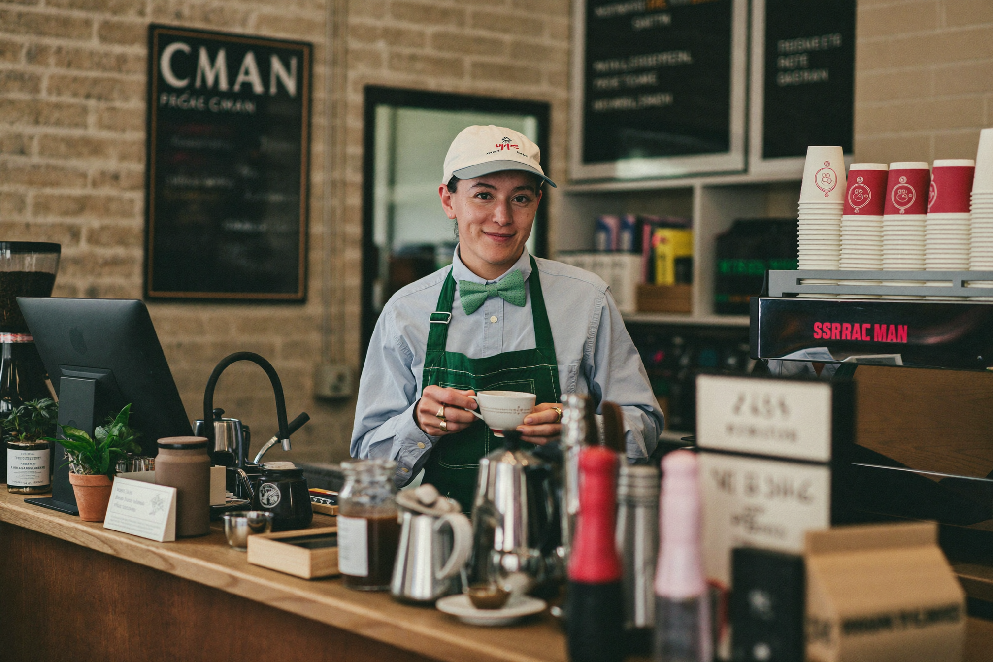A friendly café owner behind the counter