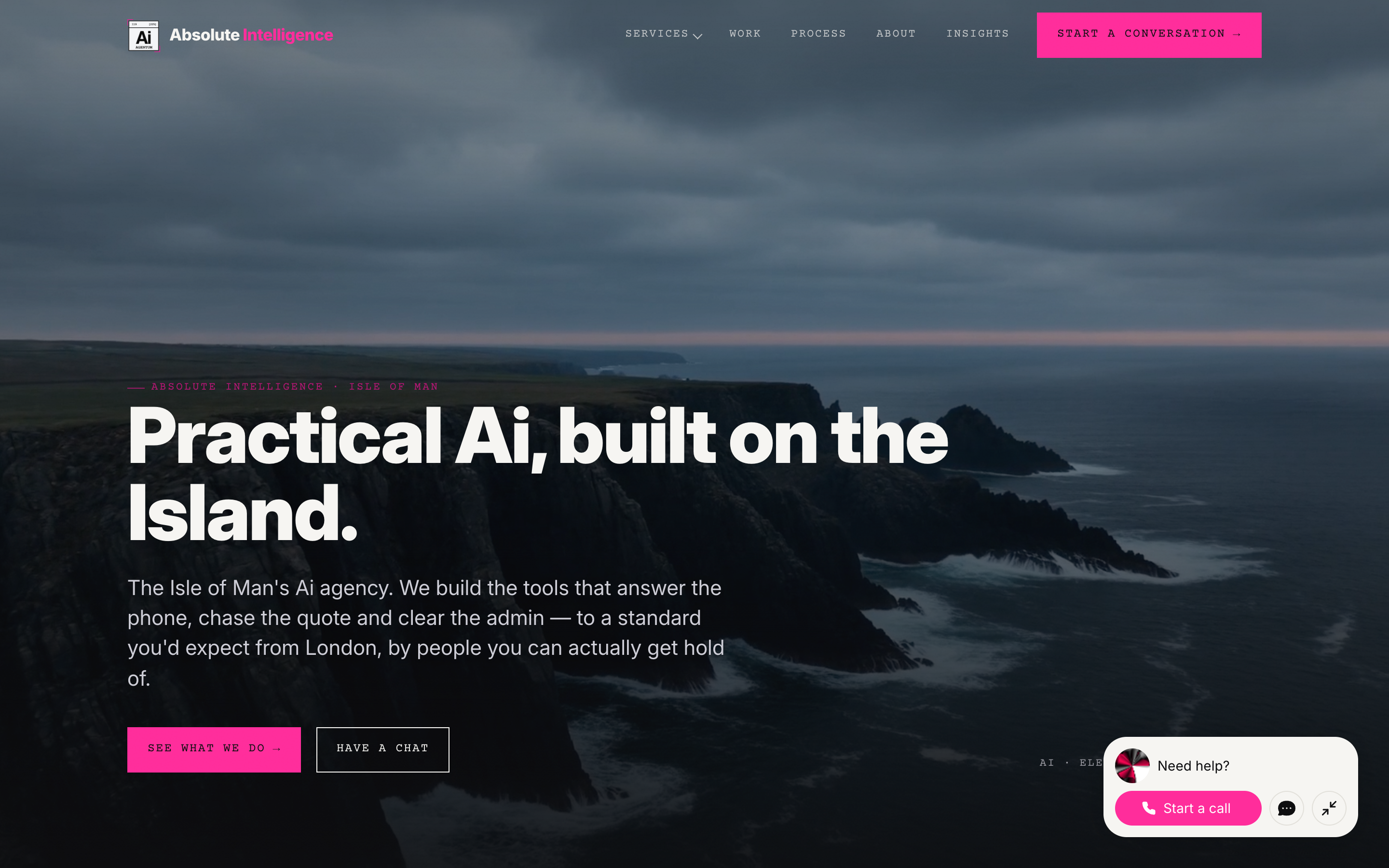 This site's own homepage — 'Practical Ai, built on the Island.' over the island coastline, with the voice widget in the bottom corner